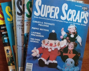 Craft lot of 6 vintage 1980s Super Scraps crochet magazines/patchwork toys Afghans doll clothes decor patterns/scrap yarn fabric projects