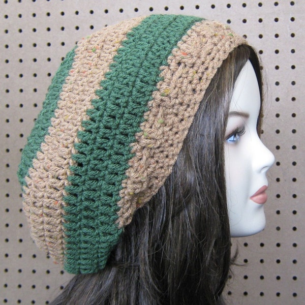 Almond Tree slouchy beanie, Hippie Dread Tam, slouch beanie hat handmade, brown green stripes, woman or man beret tam hat, winter hat