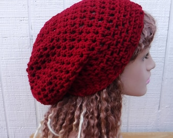 Soft cranberry red slouchy hat women/hippie slouchy beanie women/small dreadlocks tam hat/hairnet beanie hat/burgundy crochet beanie hat