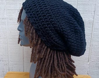 Slouchy Beanie, longer black Tam hat,  Dreadlock hat, Hippie Beanie Hat, slouch beanie, woman hat, man beanie, Dread tam hat, black beanie