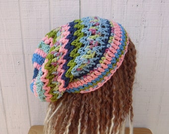 OOAK retro hippie slouchy beanie women/patchwork smaller Dread tam hat/dreadlocks hat/Vibes of Spring slouchy OOAK beanie/slouchy hat women