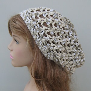 Summer slouchy hat women/cotton blend slouchy beanie women/open stitch beige cream brown snood beanie hat women