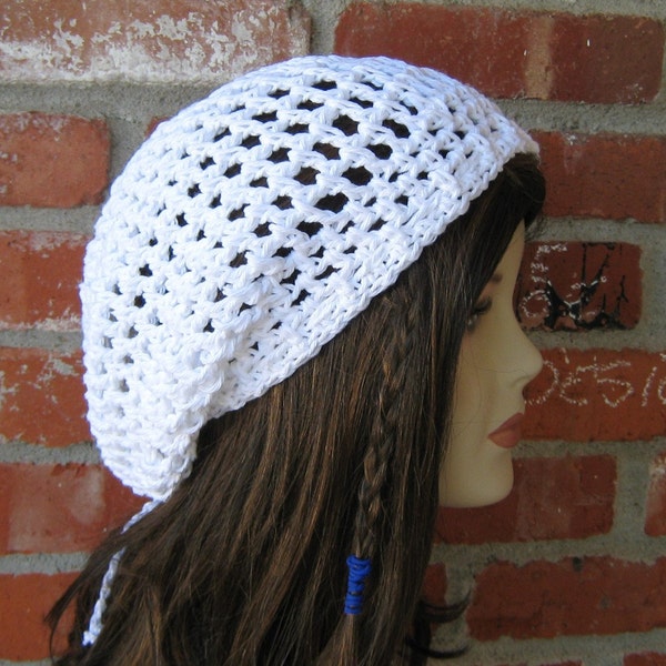 Summer slouchy beanie, white Cotton hippie dread tam hat slouchy snood beanie, woman slouchy hat