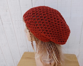 Soft Terra cotta slouchy hat women/hippie slouchy beanie women/small dreadlocks tam hat/hairnet beanie hat/rusty red crochet beanie hat