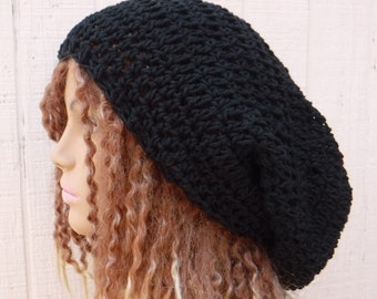 Black Cotton Slouchy Beanie women/Wide Dread Tam Hat/Dreadlocks Hat/Slouchy Hat Women/for Men/Unisex Bohemian slouchy beanie handmade