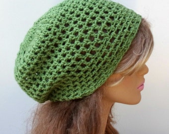 Summer slouchy hat, Tea Leaf Green hippie small dreadlock beanie tam hat hairnet snood slouchy crochet, slouch beanie, slouchy beanie