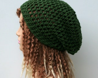 Slouchy hat, Thyme green hippie dread beanie tam hat hairnet snood handmade in crochet, summer beanie