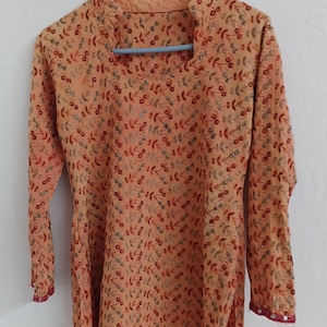 B Quality Vintage Coral  Kurta Shirt Top/Women XS cotton tunic kurti blouse/embroidery long-sleeved kurta blouse/young girl kurti with flaw