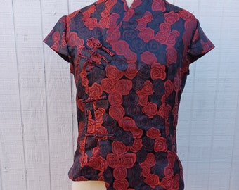 Chinese authentic blouse women/Size S M  Vintage Asian Ethnic blouse top women/red black Asian floral shirt asymmetrical closure summer top