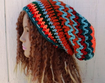 OOAK retro hippie slouchy beanie women/patchwork smaller Dread tam hat/dreadlocks hat/Orange Teal hat/slouchy OOAK beanie/slouchy hat women