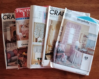 Sewing lot of 5 vintage craft Sewing patterns for pillows/seat covers/valances curtains/ruffle curtains/table cloth/bear pattern/1980s 1990s