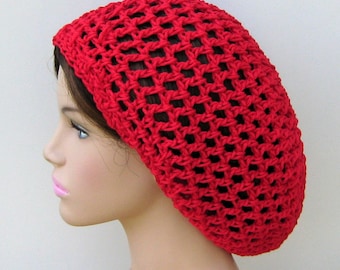 Red cotton slouchy hat women/snood slouchy beanie women/smaller true red cotton hippie dread tam hat/summer cotton beanie hat woman teen