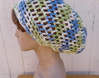 Cotton slouchy hat women/Periwinkle blue green white snood hat women/summer beanie hat/small dreadlocks hat/dread tam/slouchy beanie women