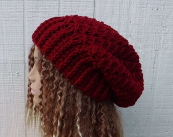 Cranberry red slouchy beanie women/dark red slouchy hat women/textured crochet beanie/women slouch hat/slouchy beanie/handmade winter hat