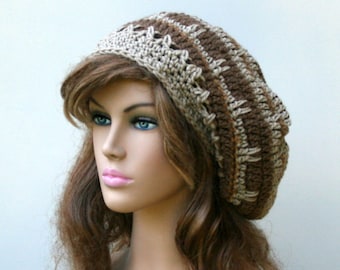 Brown tan slouchy beanie, smaller dread tam, beret hat, men hat, woman beanie, vegan beige beanie, slouch hat slouch beanie small dreadlocks