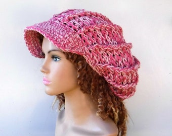 2 tone Pink blush Visor Cap, Newsboy Cap, Slouchy Beanie hat, woman hat, teen beanie, billed beanie, visor beanie, poofy thick raspberry