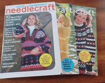 Lot de 3 de qualité B vintage des années 1970, bon entretien ménager, couture, tricot, crochet, accessoires de couture/habillement, chandails, modèles au crochet