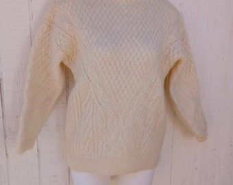 Vintage Mohair Wool Blend Sweater Women S/cable handknit sweater wman Small/rustic Hippie Bohemian winter pullover/warm ivory color sweater