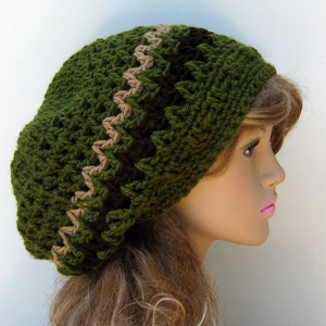 Olive slouchy beanie, smaller Hippie Dread Tam Hat, green crochet beanie, woman man slouch hat, slouchy beanie, vegan, soft, handmade beanie image 2