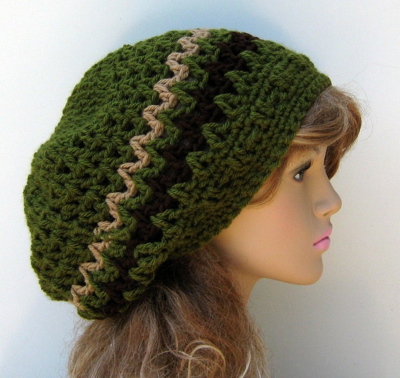 Olive slouchy beanie, smaller Hippie Dread Tam Hat, green crochet beanie, woman man slouch hat, slouchy beanie, vegan, soft, handmade beanie image 2