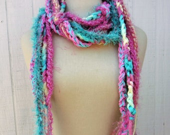 Cheerful Pastel scarf women/OOAK women crochet spring scarf women/braids fringe Scarf skinny Boho Bohemian Hippy neck piece/handmade scarf
