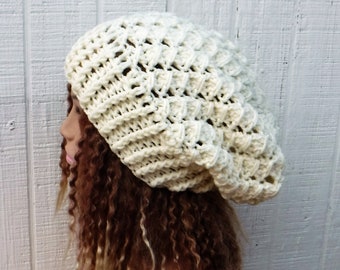 Ivory slouchy beanie women/cream off white slouchy hat women/textured crochet beanie/women slouch hat/slouchy beanie/handmade winter hat