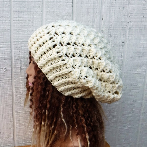 Ivory slouchy beanie women/cream off white slouchy hat women/textured crochet beanie/women slouch hat/slouchy beanie/handmade winter hat