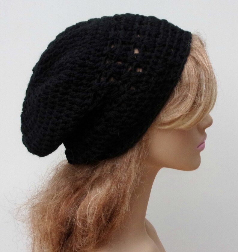 thick beanie small slightly Slouchy Beanie hat baggy handmade crochet Slouchy hat in soft black merino wool