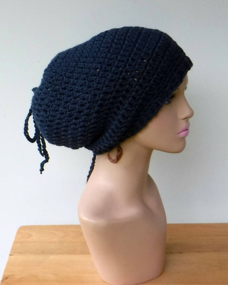 2 in 1 Dread tube or slouchy hat woman tube hat for dreadsdrawstring slouchy hat dreadlocks beanie with open backdark denim blue tam hat