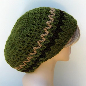 Olive slouchy beanie, smaller Hippie Dread Tam Hat, green crochet beanie, woman man slouch hat, slouchy beanie, vegan, soft, handmade beanie image 3