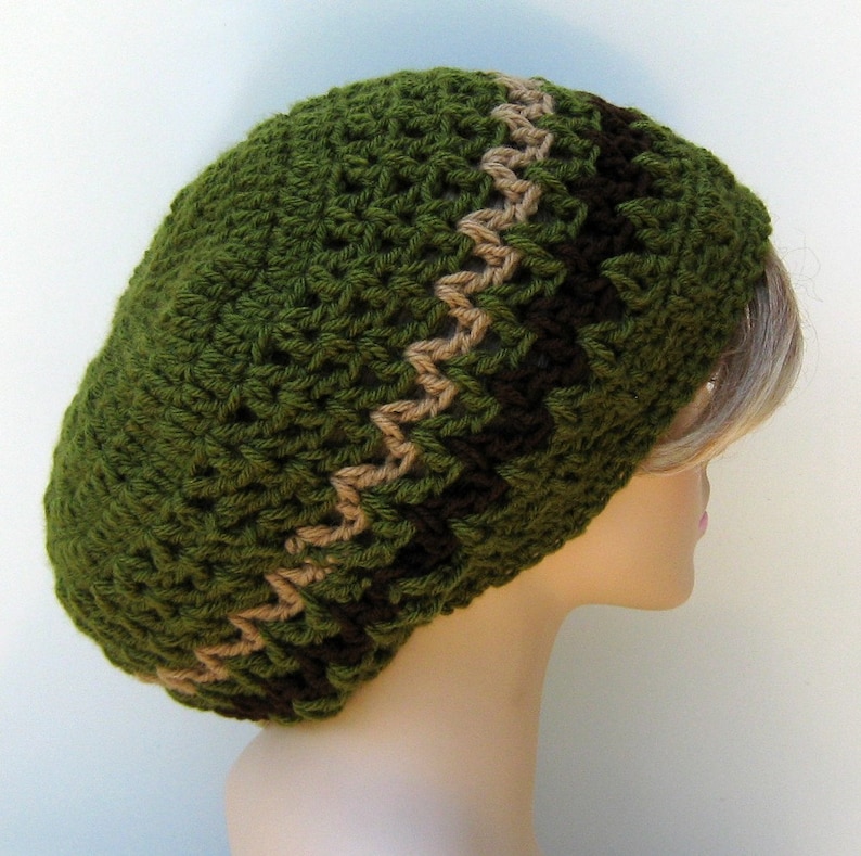 Olive slouchy beanie, smaller Hippie Dread Tam Hat, green crochet beanie, woman man slouch hat, slouchy beanie, vegan, soft, handmade beanie image 3