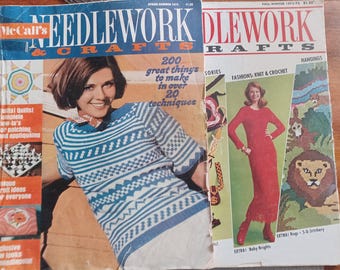 McCalls NEEDLEWORK Crafts lot of 2 oversized vintage 1970s knitting crochet sewing cross stitch magazines Afghans sweaters clothes  patterns