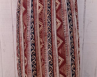 Vintage Bohemian Geometric pattern Skirt/elastic waist rayon Skirt/large L stretch waist women skirt/BoHo casual summer skirt made in USA