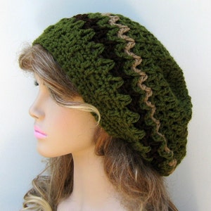 Olive slouchy beanie, smaller Hippie Dread Tam Hat, green crochet beanie, woman man slouch hat, slouchy beanie, vegan, soft, handmade beanie image 1