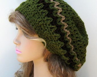 Olive slouchy beanie, smaller Hippie Dread Tam Hat, green crochet beanie, woman man slouch hat, slouchy beanie, vegan, soft, handmade beanie