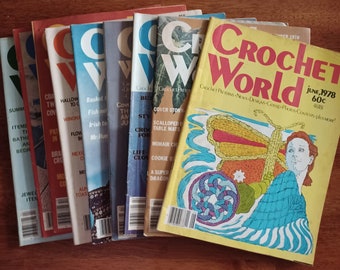 Crochet big lot of 9 vintage Crochet World 1970s 1980s magazines/crocheting blankets toys clothes patterns/granny squares home decoration