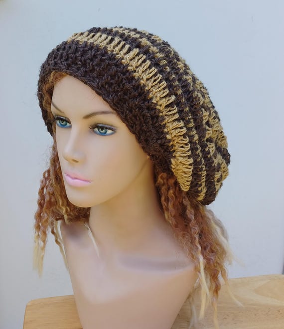 Hemp Wool Slouchy beanie unisex/ woman man slouchy hat/Bohemian Hippie hat brown curry hat handmade/dreads beret yam crochet beanie hat