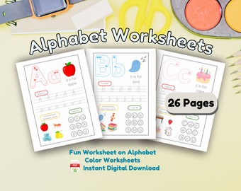 Può includere: Un set di 26 fogli di lavoro dell'alfabeto per bambini. Ogni pagina presenta una lettera dell'alfabeto, un'immagine di un oggetto che inizia con quella lettera e un'attività di tracciamento. I fogli di lavoro sono progettati per aiutare i bambini ad imparare l'alfabeto e migliorare la loro scrittura.