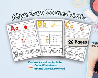 Può includere: Un set di fogli di lavoro dell'alfabeto per bambini. I fogli di lavoro presentano le lettere A, B e C. Ogni foglio di lavoro include attività come il tracciamento, la colorazione e l'abbinamento. I fogli di lavoro sono progettati per aiutare i bambini a imparare l'alfabeto e migliorare le loro capacità motorie fini. Ci sono 26 pagine in totale.
