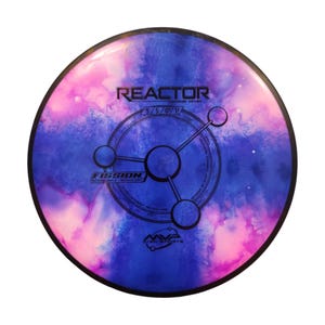 May include: A pink and blue disc golf disc with a galaxy-like pattern. The disc is labeled "REACTOR" and "FISSION" with a graphic of a molecule. The disc is made by MVP Disc Sports.