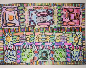 Original Abstract Watercolor Painting: Metallic Accents, Gold Stripe Frame