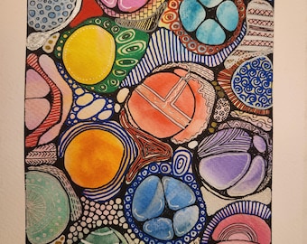 Original Spheres Watercolor Painting: Ink & Acrylic Details, 9x12 Unframed