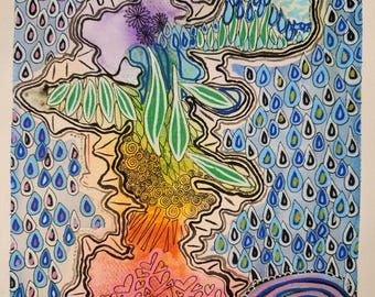 Rainy Day Abstract Watercolor Painting: Acrylic Ink Details, 9" x 12"