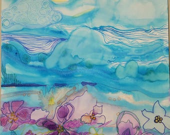 Original Abstract Watercolor Painting Entitled "Flowers in the Sky". Measures 9" x 11". Unframed.