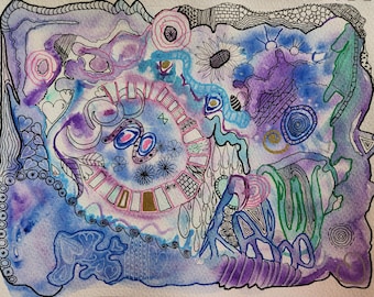 Abstract Watercolor Painting: Original Ink and Acrylic Doodles (9x11", Unframed)