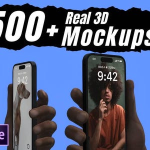 May include: Two hands holding up two different smartphones. The phone on the left has a picture of a dog on the screen. The phone on the right has a picture of a person with curly hair on the screen. The text "9:42" is displayed on both phone screens. The text "500+ Real 3D Mockups" is displayed at the top of the image.