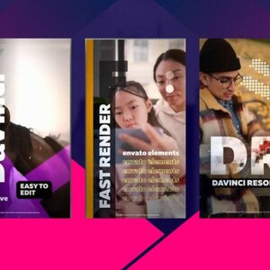 May include: Three colourful digital marketing graphics for DaVinci Resolve, a video editing software. The first graphic features a horse, the second graphic features a woman and a girl, and the third graphic features a man wearing a hat and glasses. All three graphics feature the text "DaVinci Resolve" and "Fast Render".
