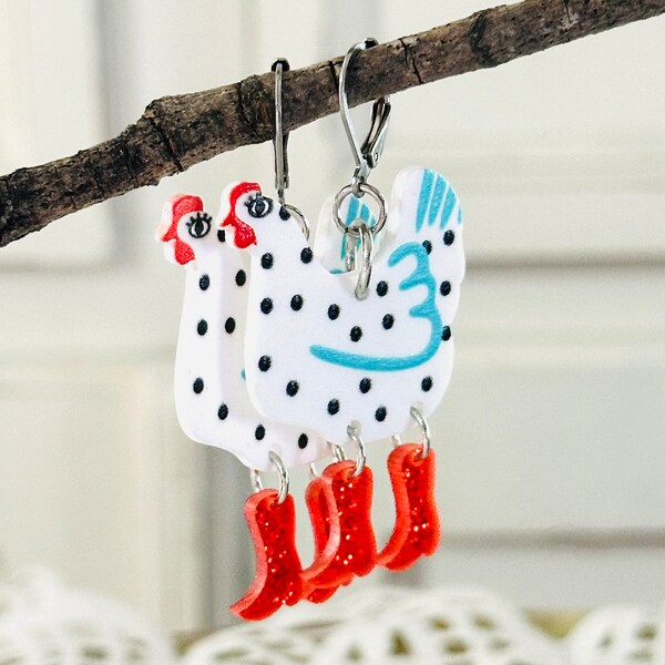 Chicken Earrings, Unique Handmade Jewelry, Lever Back Statement Dangle Earrings, Whimsical Summer Jewelry, Gift for Her, Funny Birthday Gift