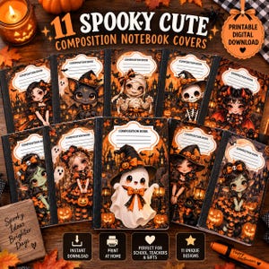 May include: Eleven digital composition notebook covers featuring spooky cute Halloween themes. Each cover displays a unique character like a ghost, mummy, or witch in an orange and black setting with the text '11 SPOOKY CUTE COMPOSITION NOTEBOOK COVERS'.