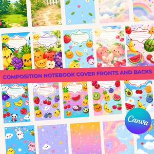 Puede incluir: Una colección de portadas para cuadernos de composición con coloridas ilustraciones de frutas sonrientes, animales y escenas naturales. Cada portada incluye un área de etiqueta blanca con el texto COMPOSITION BOOK.